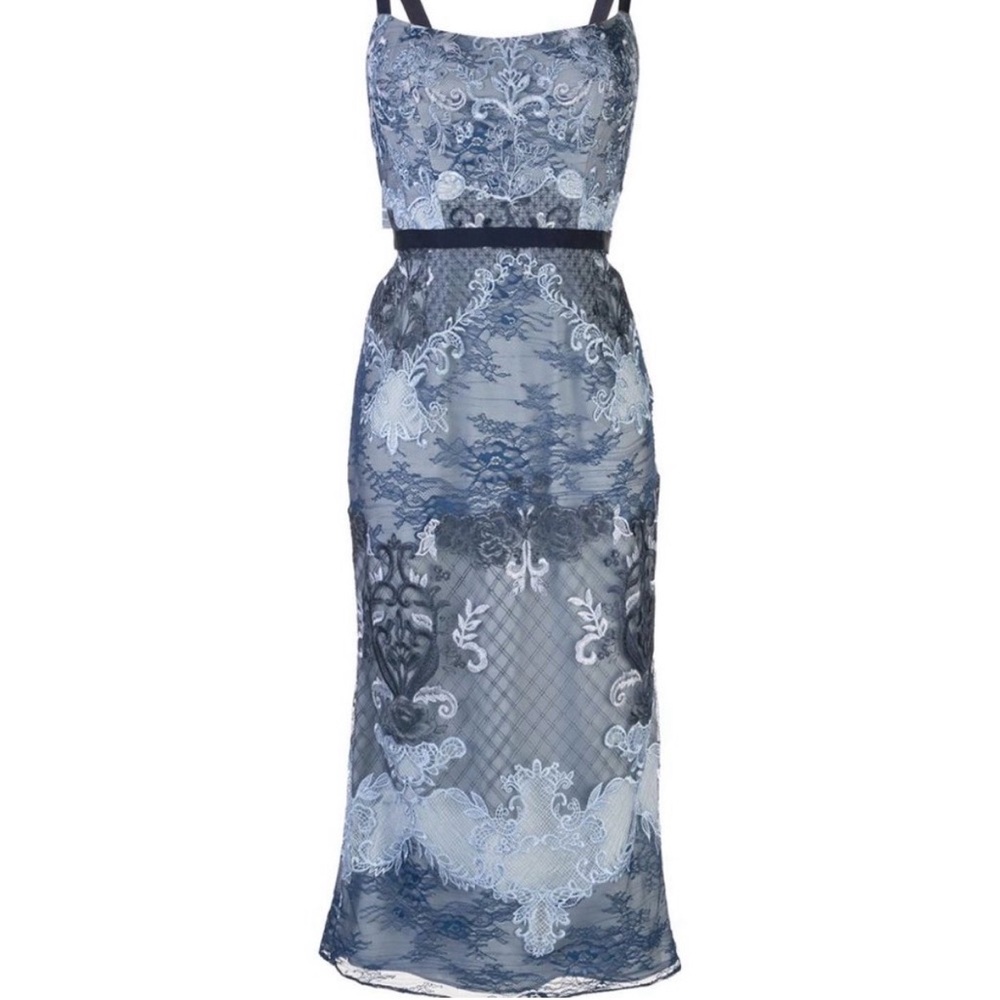 Marchesa Navy and Light Blue Lace Midi Dress - Picture 2 of 9